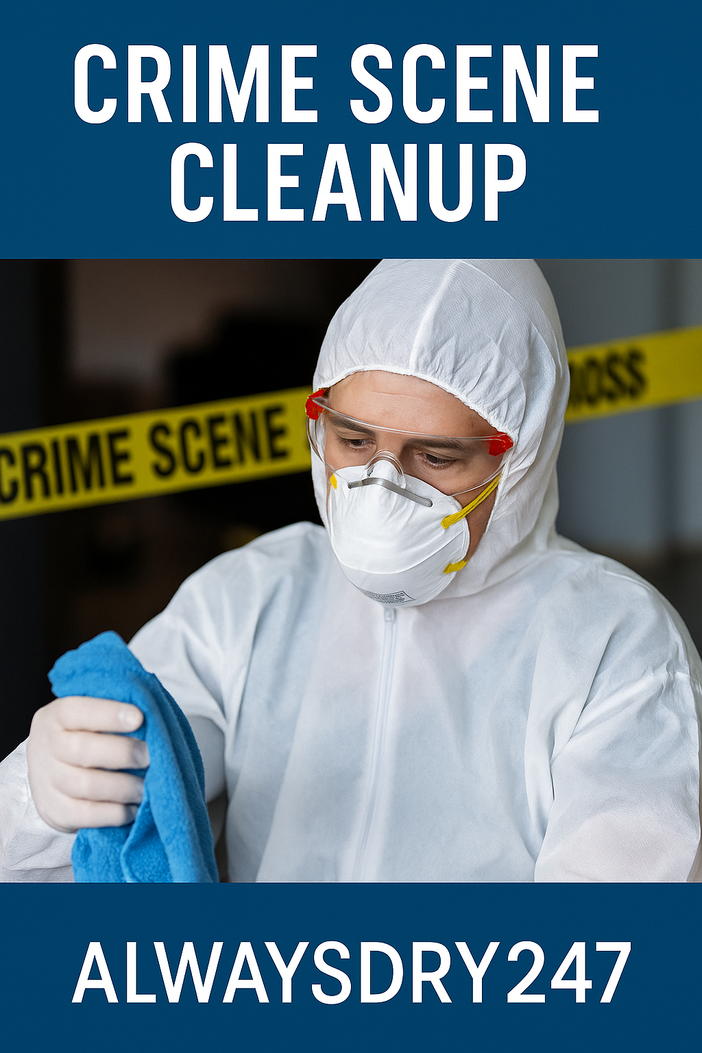 Professional crime scene cleaner wearing protective gear