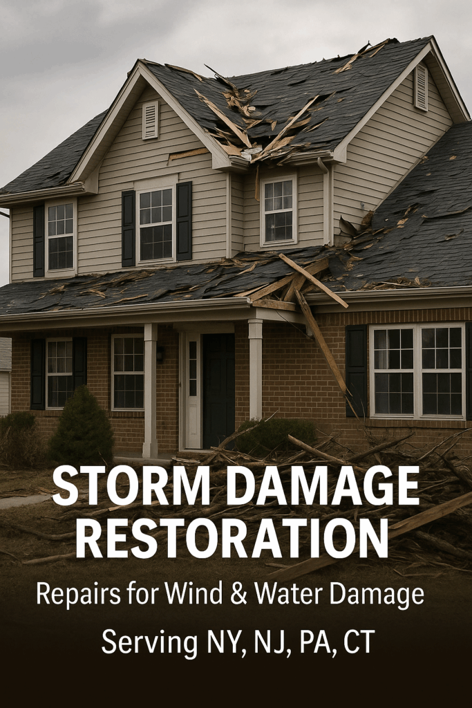 House with roof storm damage restoration services