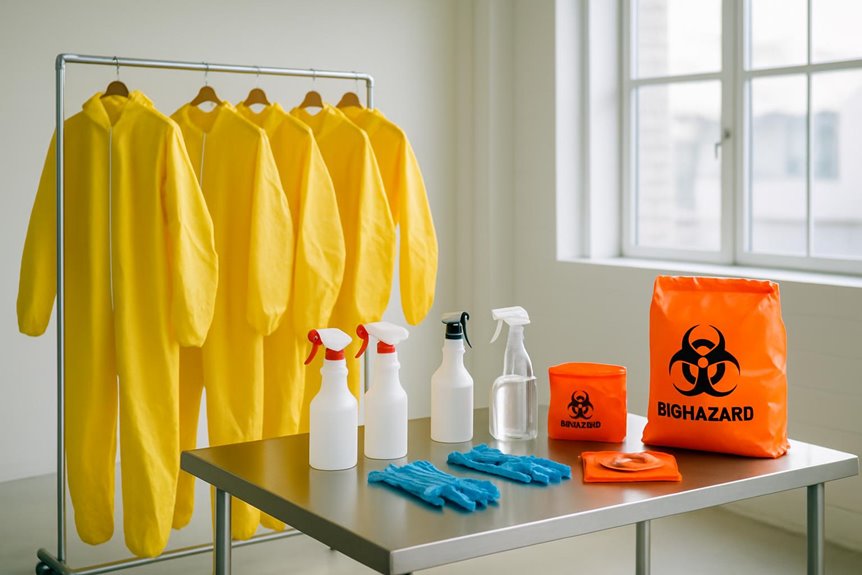Protective suits and biohazard cleaning equipment setup