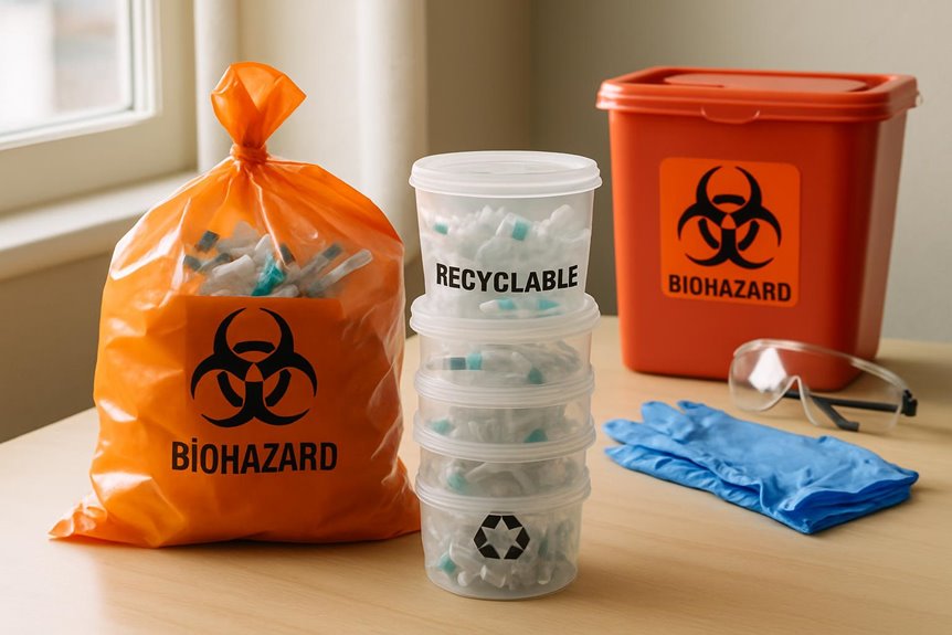 Biohazard and recyclable medical waste containers on table
