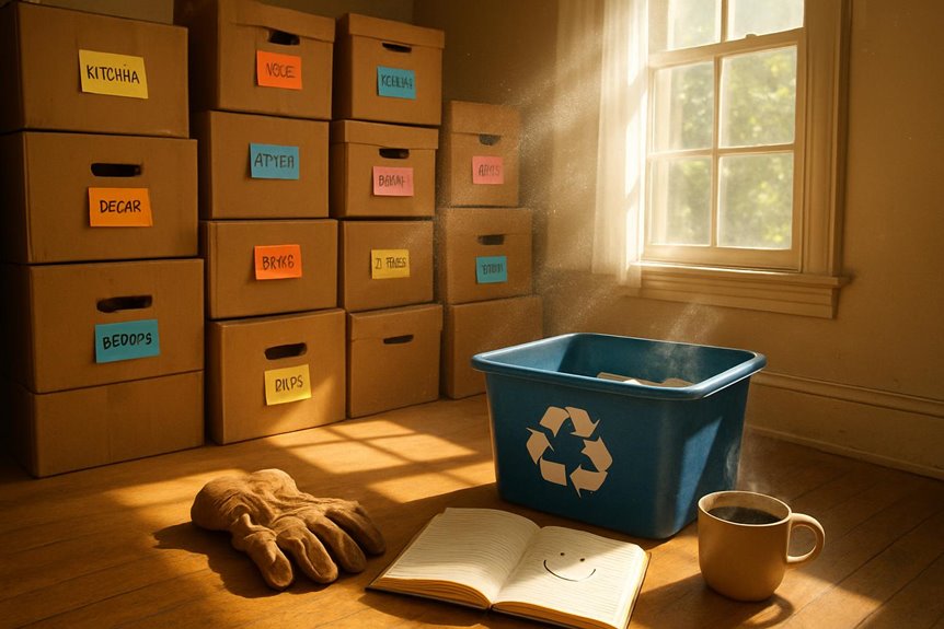 Recycling bin and boxes in sunlit room