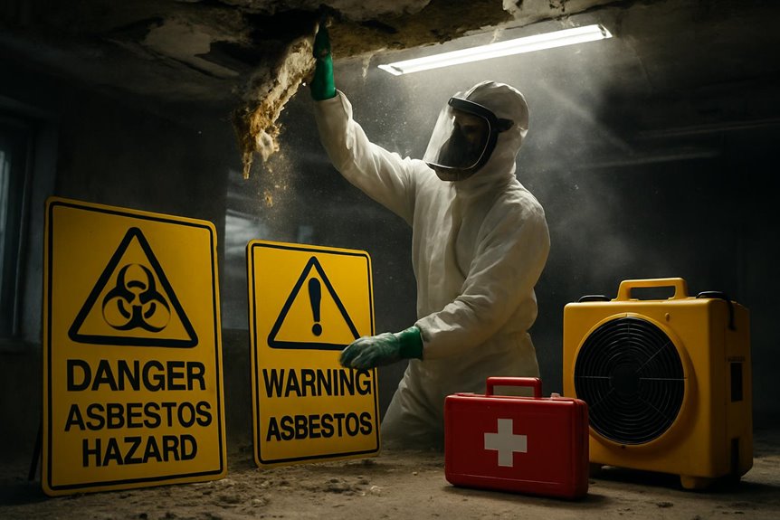 Worker removing asbestos with safety equipment