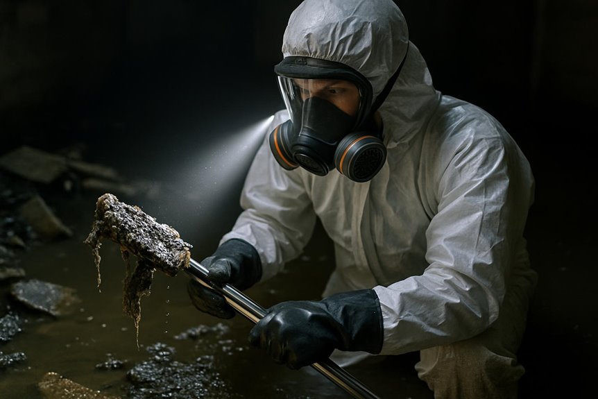 Worker in hazmat suit cleaning contaminated area