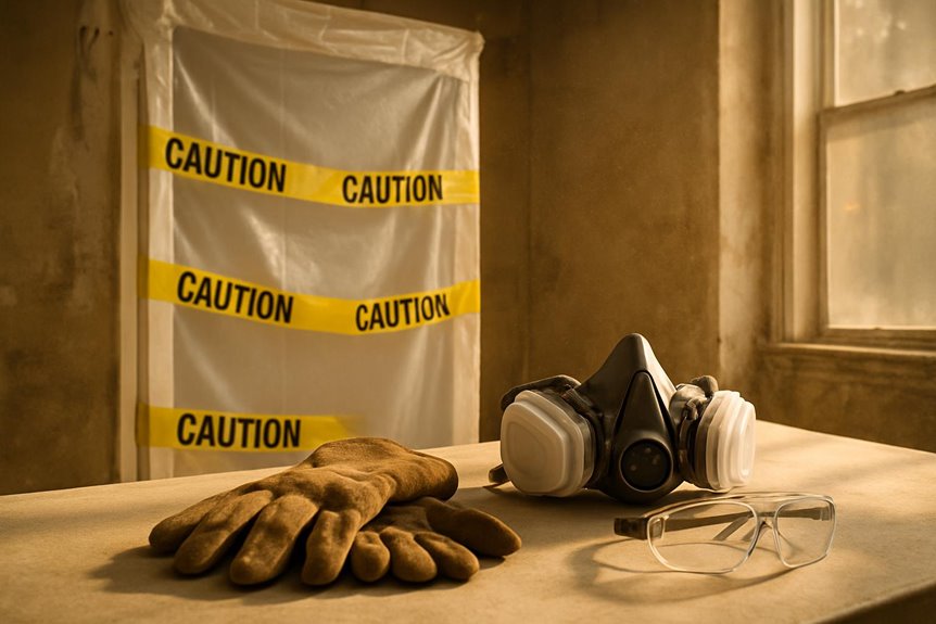 Protective gear near caution taped doorway