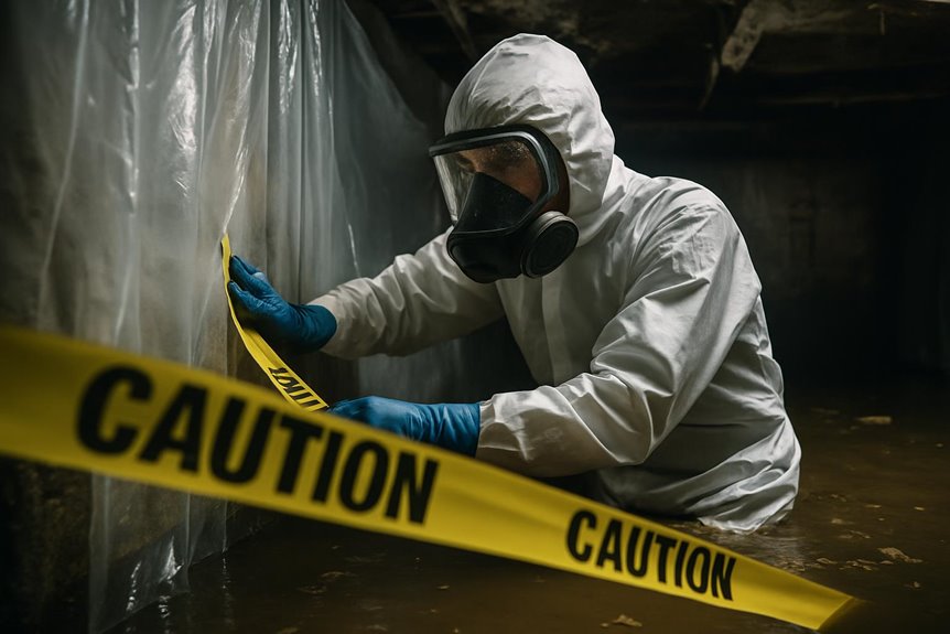 Worker in hazmat suit placing caution tape