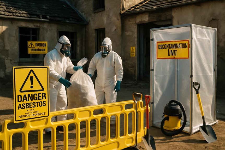 Workers remove asbestos wearing protective suits