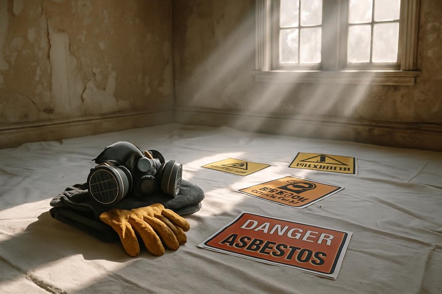 Protective gear and danger asbestos warning signs