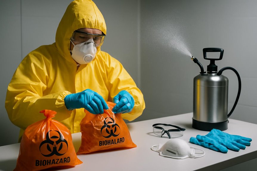 Worker sealing biohazard bags in protective suit