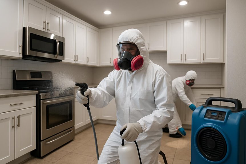 Professionals disinfecting kitchen in protective suits