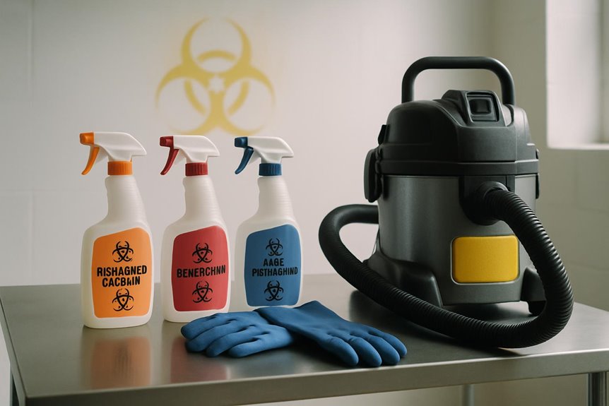 Biohazard cleaning supplies and vacuum on metal table