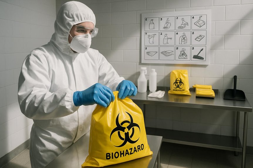 Scientist sealing yellow biohazard waste bag in lab