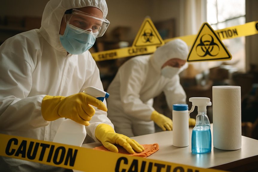 Workers disinfecting area in protective suits and gloves