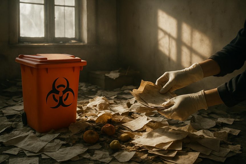 Person handling papers near biohazard waste bin
