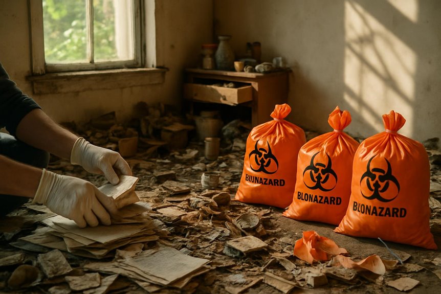 Person handling papers near biohazard bags indoors