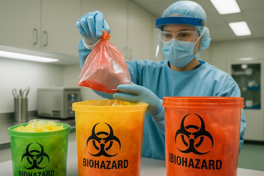 Scientist disposing biohazard waste in laboratory containers