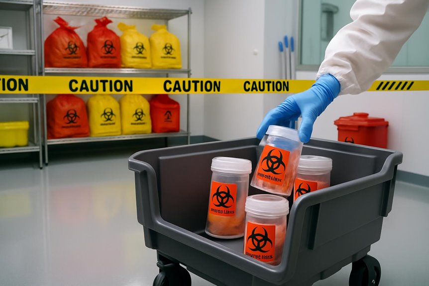 Biohazard waste containers in laboratory with caution tape.