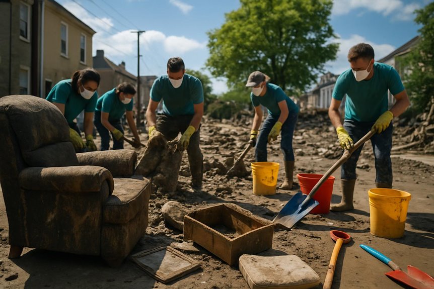 Volunteers cleaning mud after flood in neighborhood