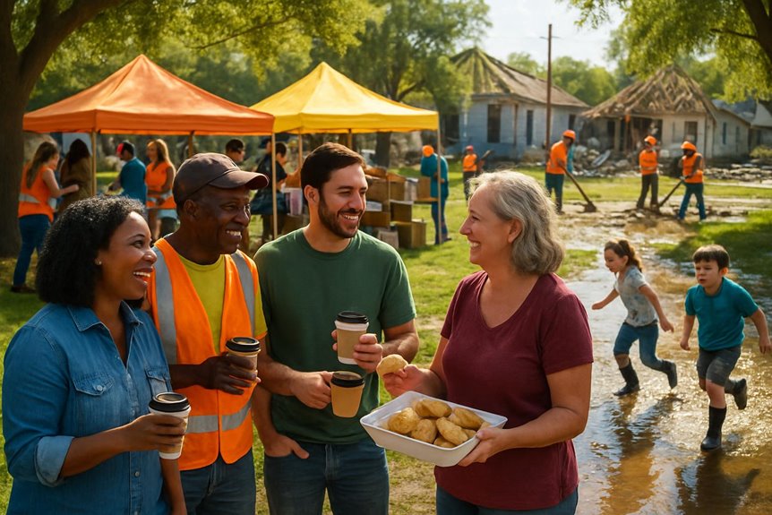 Volunteers sharing food at community cleanup event