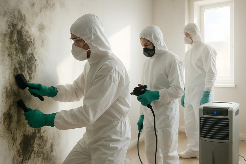 Workers cleaning mold in protective suits