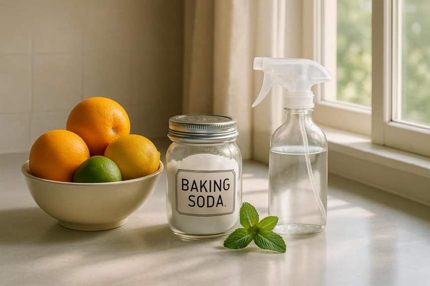 Baking soda, citrus fruits, and spray bottle on counter