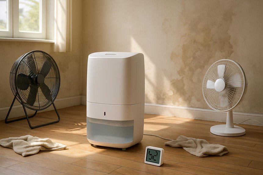Dehumidifier and fans drying a damp room