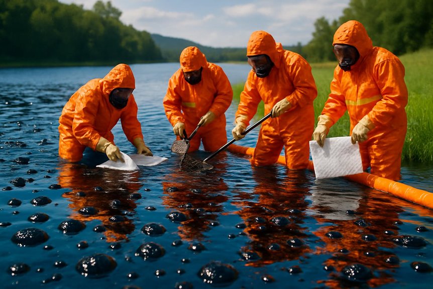 Workers cleaning oil spill in river