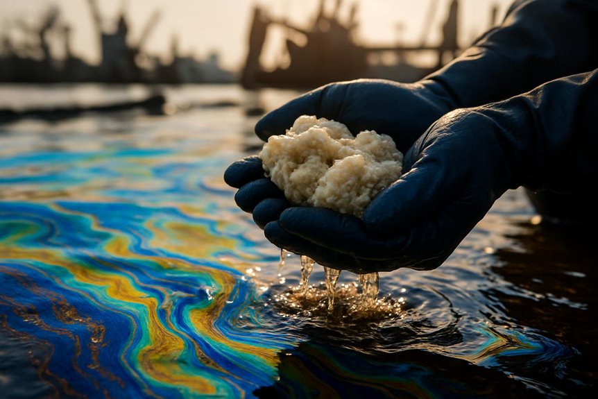 Hands holding absorbent material in oil-contaminated water