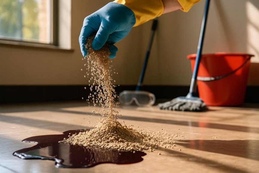 Person cleaning spill with absorbent material and gloves