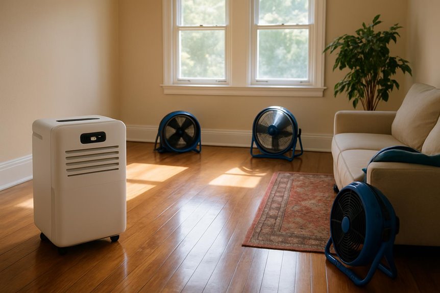 Dehumidifier and fans drying a living room