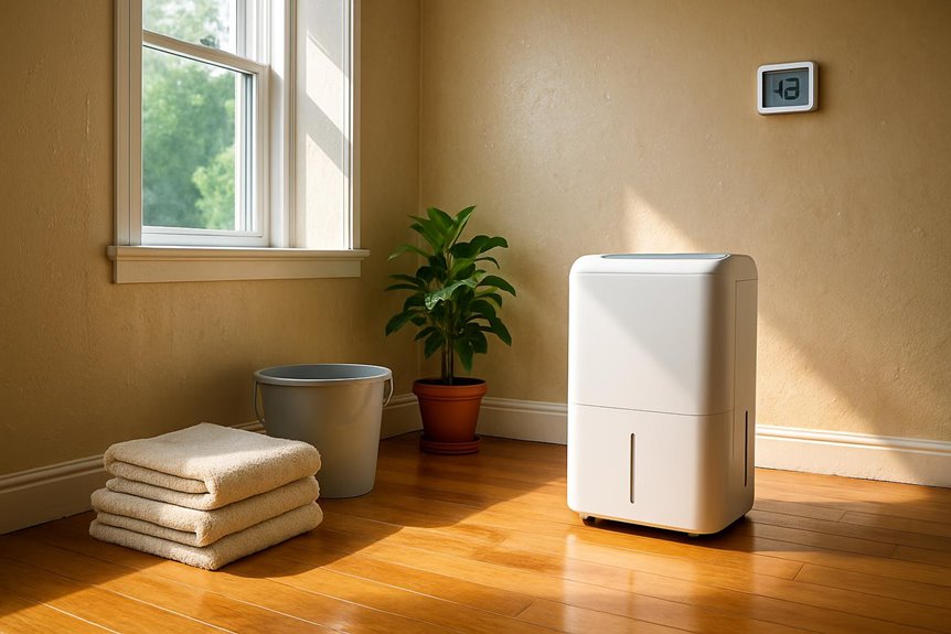 Dehumidifier in sunny room with plant and towels