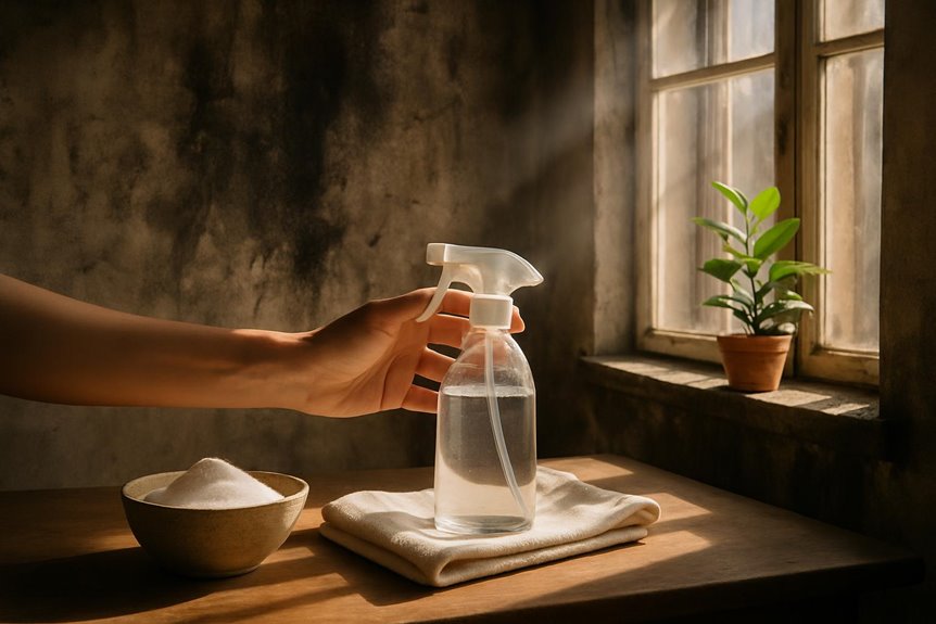 Hand reaching for spray bottle near window plant