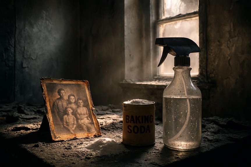 Old photo, baking soda, and spray bottle on table