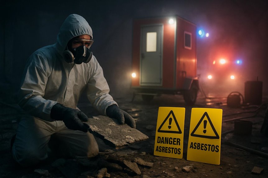 Worker handling asbestos with safety gear and warning signs