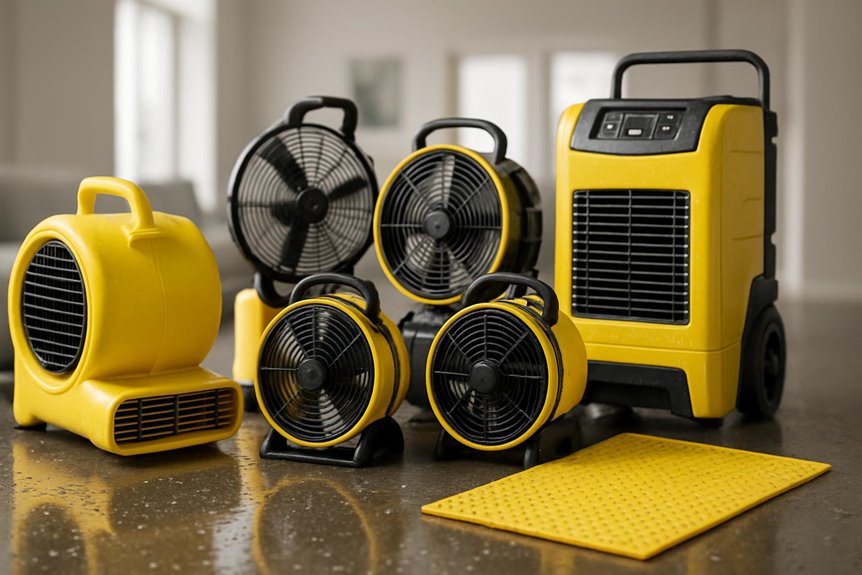 Yellow industrial fans and dehumidifier on floor