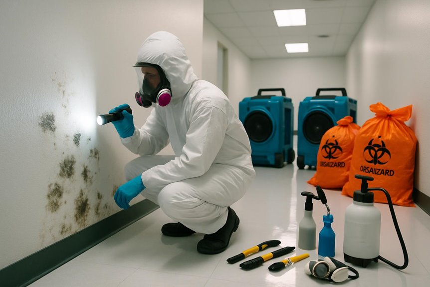 Worker inspecting mold on wall in protective suit