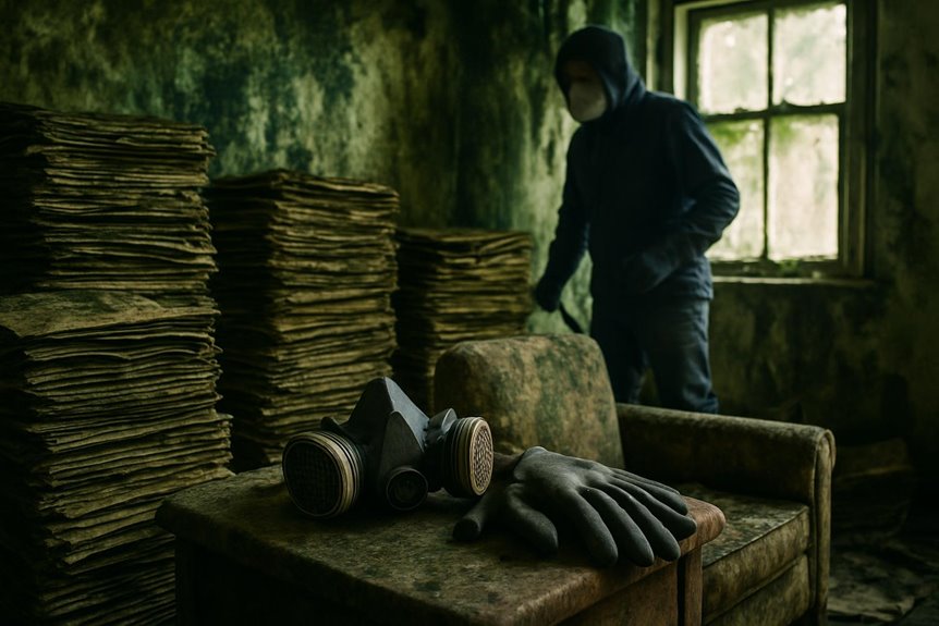 Person in mask inside abandoned, decaying room
