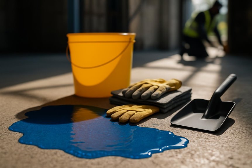 Cleaning supplies near blue liquid spill on floor