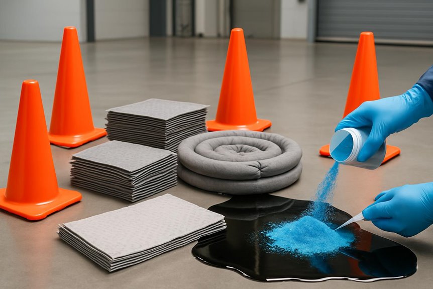 Person cleaning chemical spill with absorbent materials