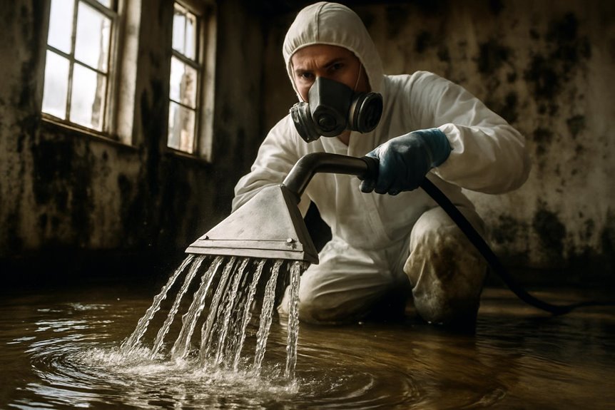 Worker cleaning flooded room in protective gear