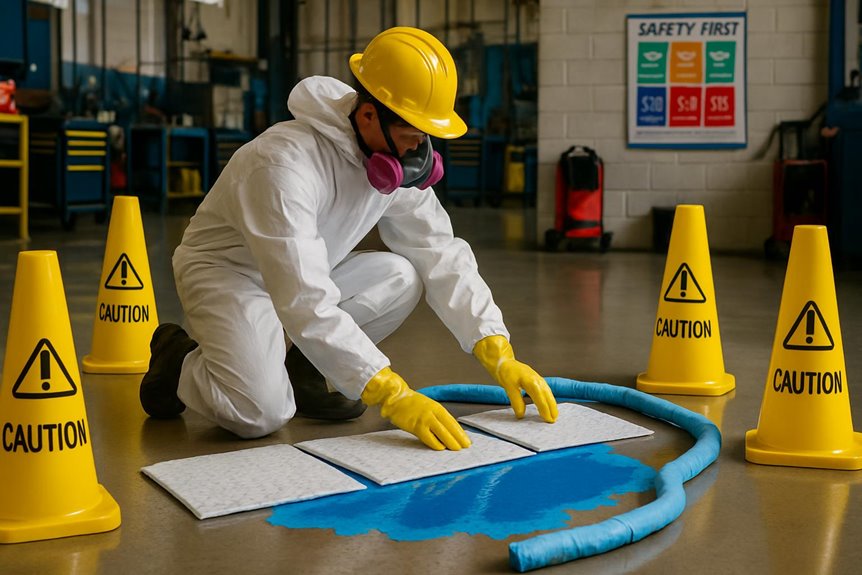 Worker cleaning chemical spill with safety gear