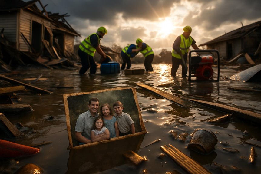 Rescue workers aid flooded homes after storm destruction.