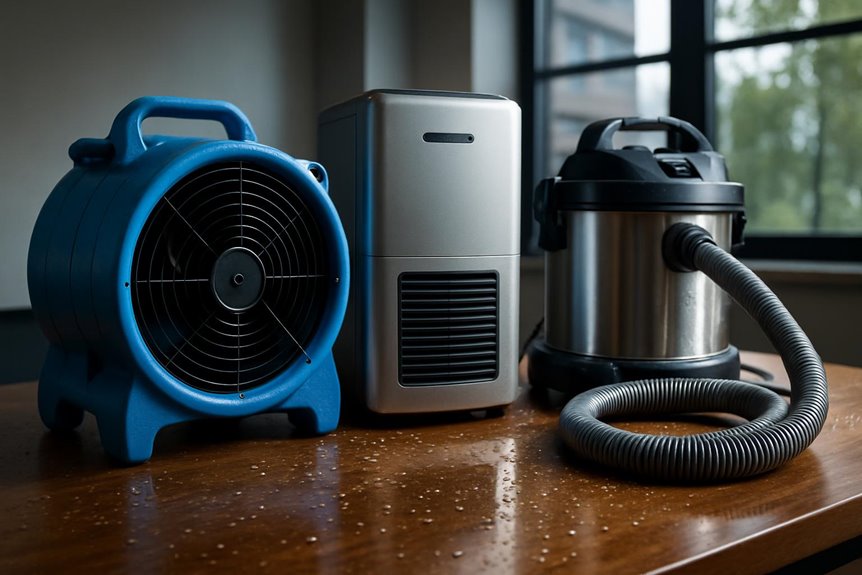 Dehumidifier, air mover, and wet vacuum on table