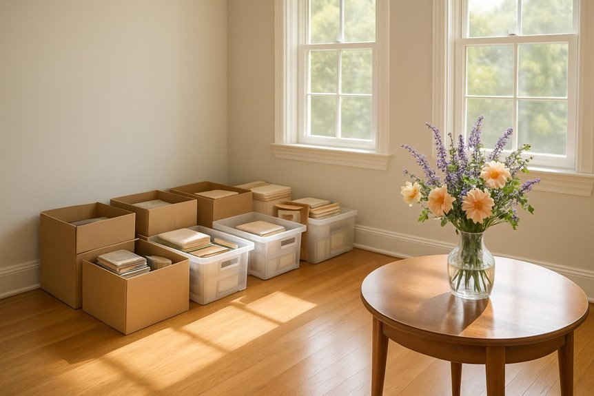 Packed boxes and flowers in a bright room