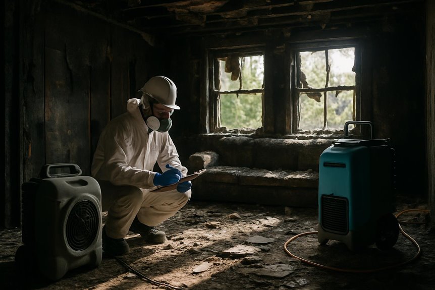 Worker inspecting fire damaged room with equipment