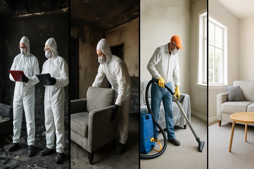 Professionals cleaning fire-damaged home restoration process