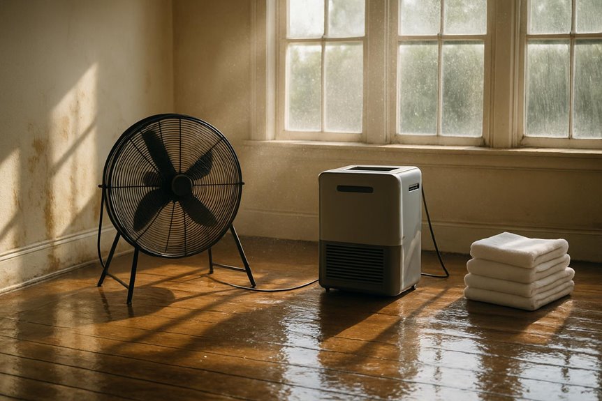 Fan and dehumidifier drying wet wooden floor
