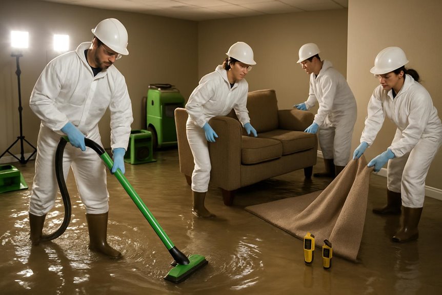 Workers cleaning flooded room with equipment
