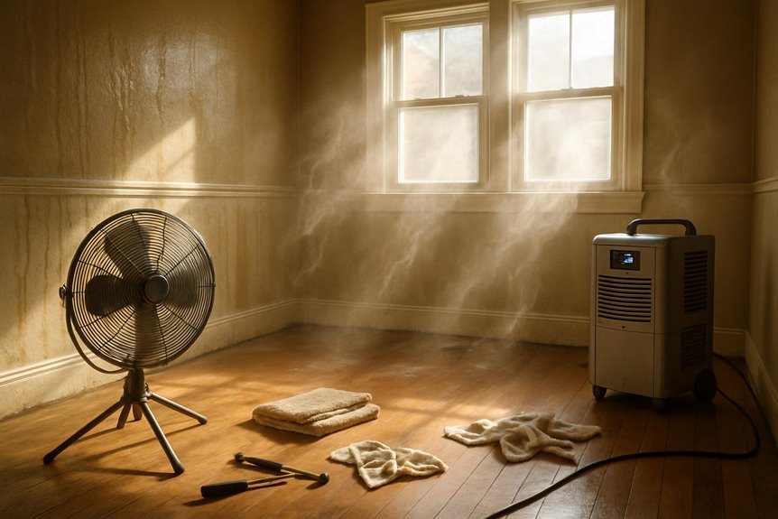 Dehumidifier and fan drying a damp room