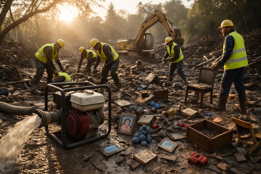 Workers cleaning muddy area after flood disaster
