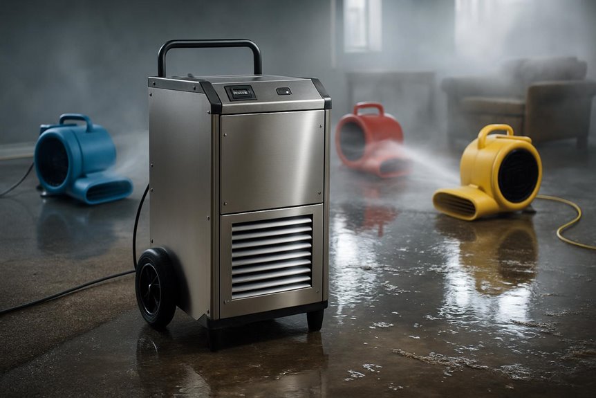 Industrial dehumidifier drying wet floor indoors